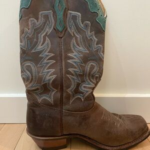 Boulet Leather Canadian Made Brown and Turquoise Western Heeled Boots